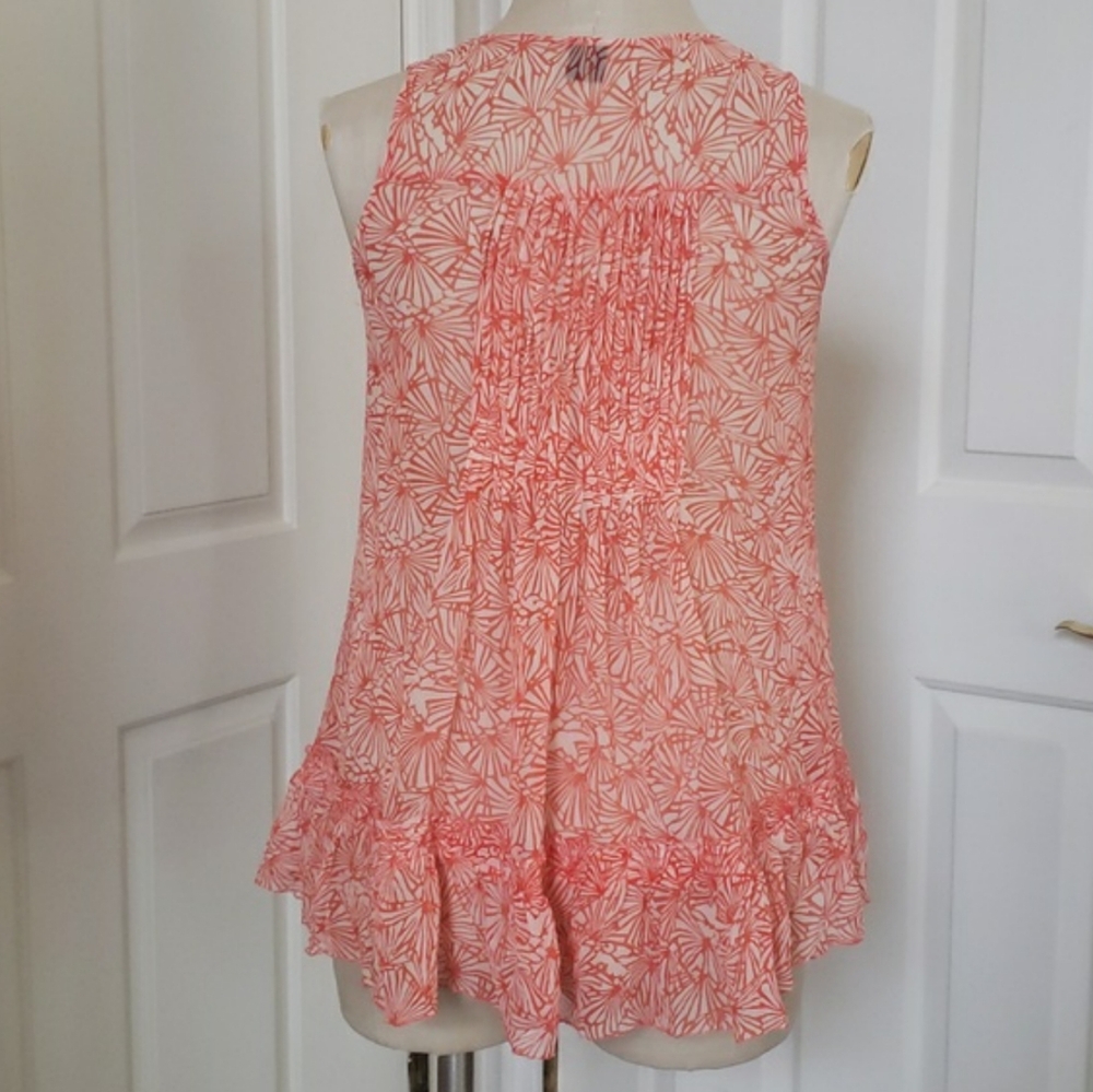 Juicy Couture 100% Silk Coral Orange Cream Floral Pleated Tank Blouse Size 2 XS - Picture 5 of 11